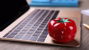 A laptop and a tomato-shaped timer used for the AP Biology exam preparation.