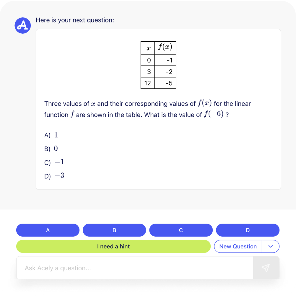 Photo of an example math question in Acely's practice mode with input bar